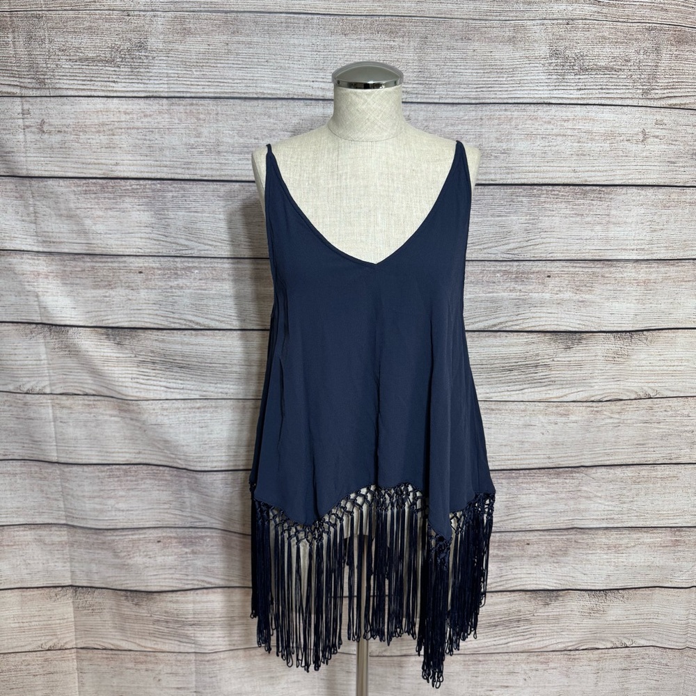 Topshop Navy Sleeveless Fringe Top